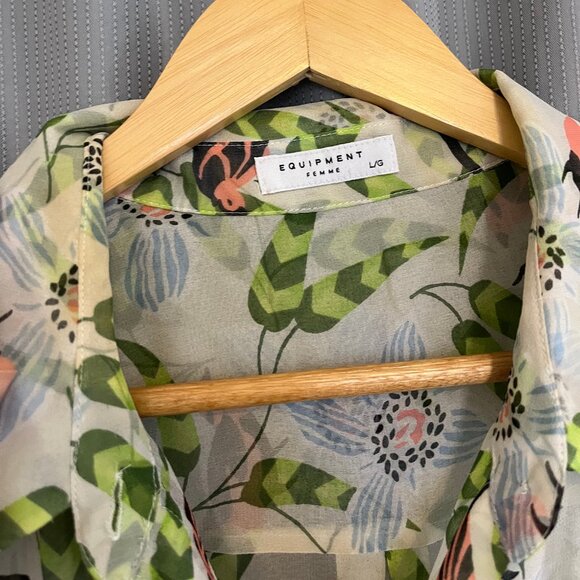 EQUIPMENT Femme Sheer Bird and Leaves Sleeveless Silk Top | L - Picture 5 of 6